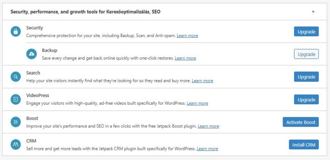 Biztonsági és SEO eszközök a Jetpack kínálatában.